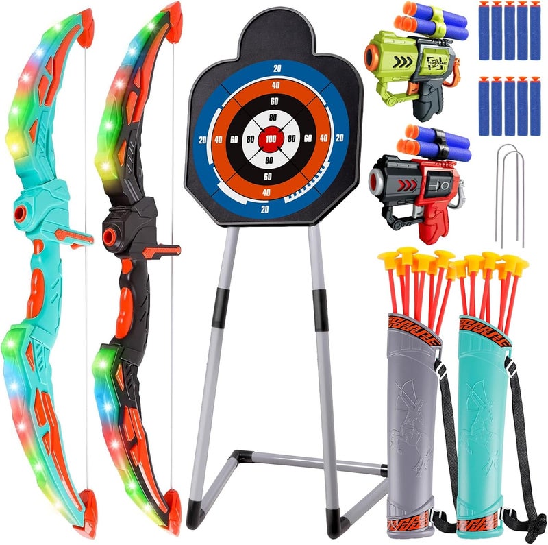 TWFRIC 2 Pack Bow and Arrow for Kids Sports and Outdoor Play Toys Archery Set with LED Light Up 16 Arrows 1 Standing Target 2 Quiver Indoor Outdoors Toy for Age 3-12 Year Old Boy Girl Gift - Image 1